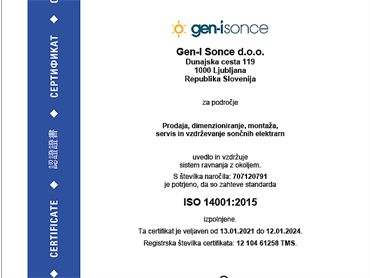 Družba GEN-I Sonce prejela dva certifikata ISO standarda