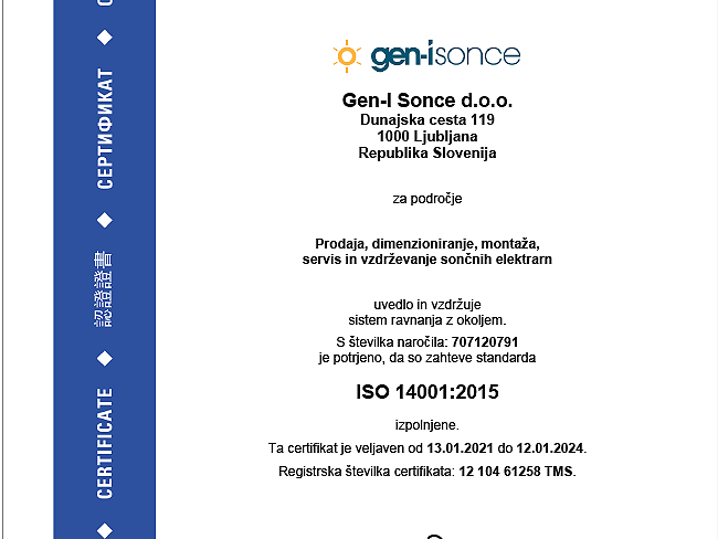 Družba GEN-I Sonce prejela dva certifikata ISO standarda