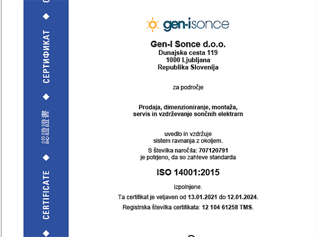 Družba GEN-I Sonce prejela dva certifikata ISO standarda